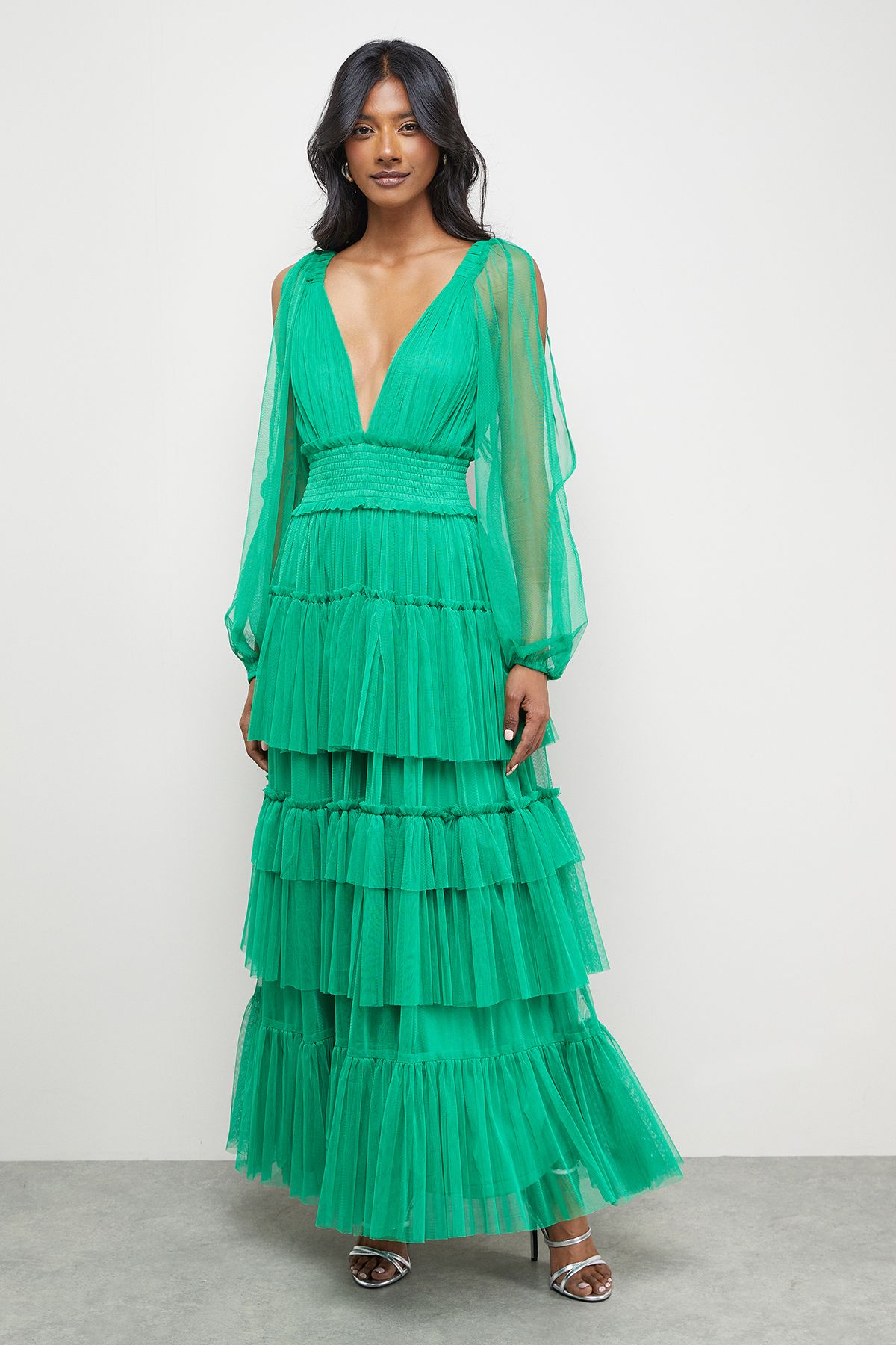 Warehouse Tulle Long Sleeve Cinched Waist Maxi Dress