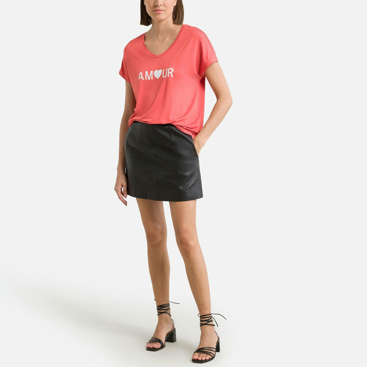 T-shirt col V, motif devant