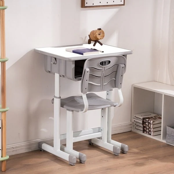 Adjustable Kids' Grey and White Desk and Chair Set with Storage Space
