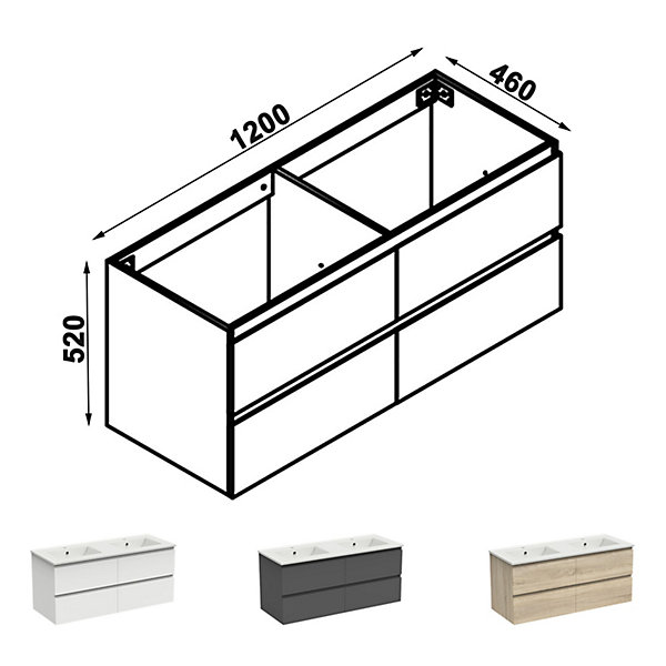 Meuble de salle de bain chêne 120cm, suspendu avec 4 tiroirs