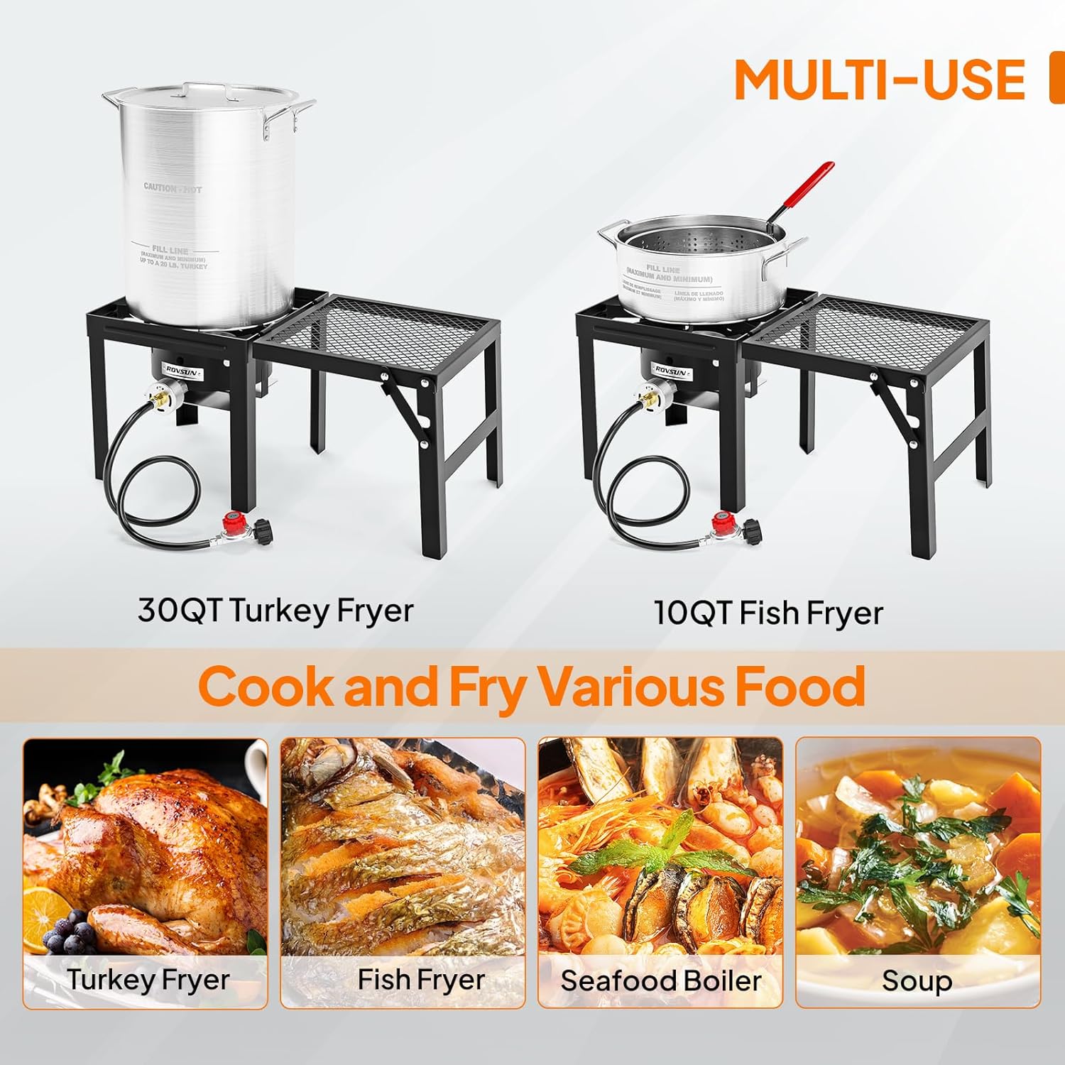 ROVSUN 30QT Turkey Fryer & 10QT Fish Fryer Kit w/ 55,000BTU Propane Stove, Aluminum Outdoor Deep Fryer & Seafood Boiler Steamer w/Baskets, Thermometer, Marinade Injector, Turkey Rack & Rack Lifter