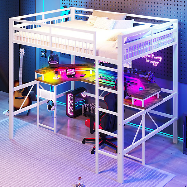 Lit mezzanine en fer 140 x 200 cm avec bande lumineuse LED, bureau, 1 port USB   1 port Type-C et 2 prises, sans matelas, blanc