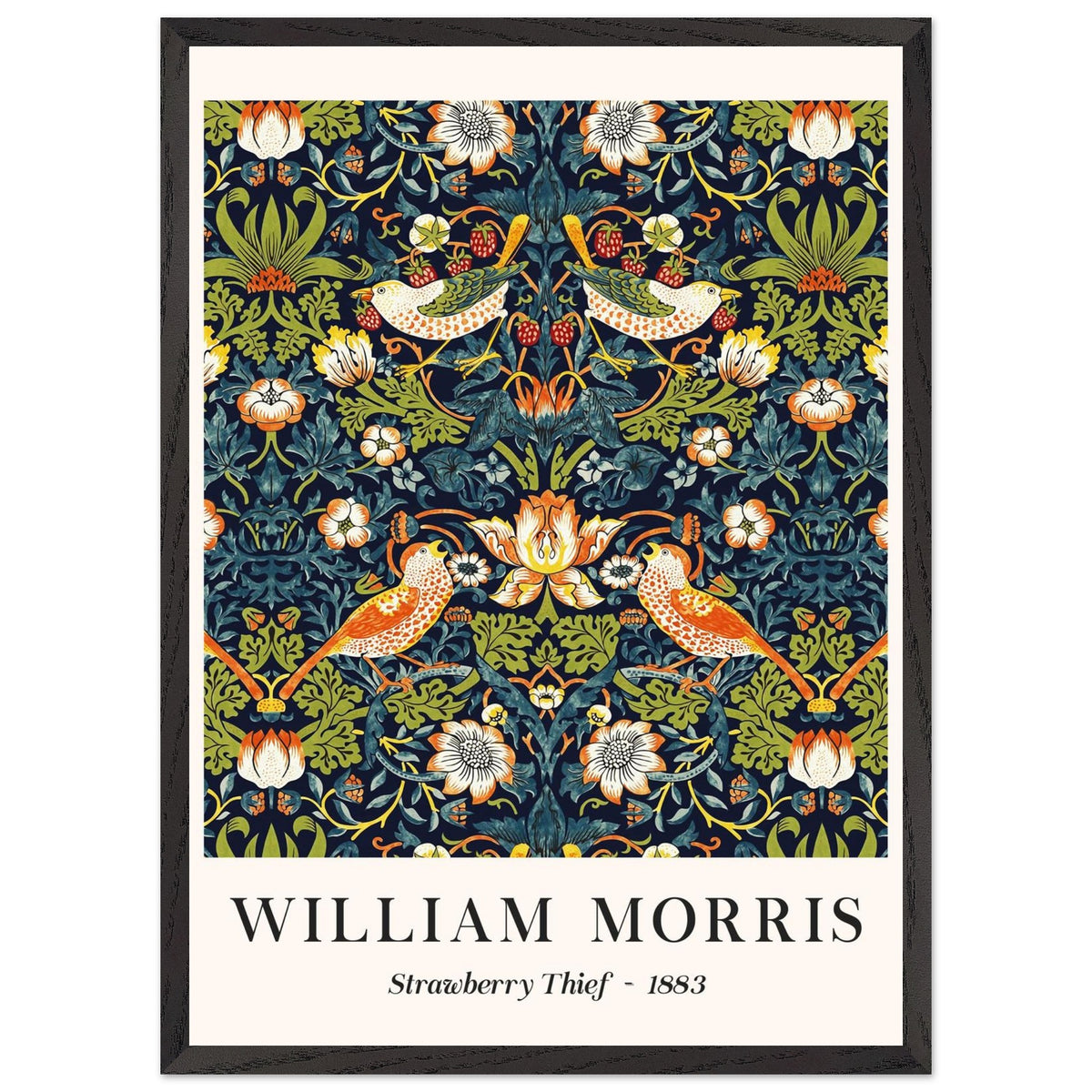 Artfulprints Poster met Lijst William Morris - Strawberry thief  - 50x70 cm - Donkergroen