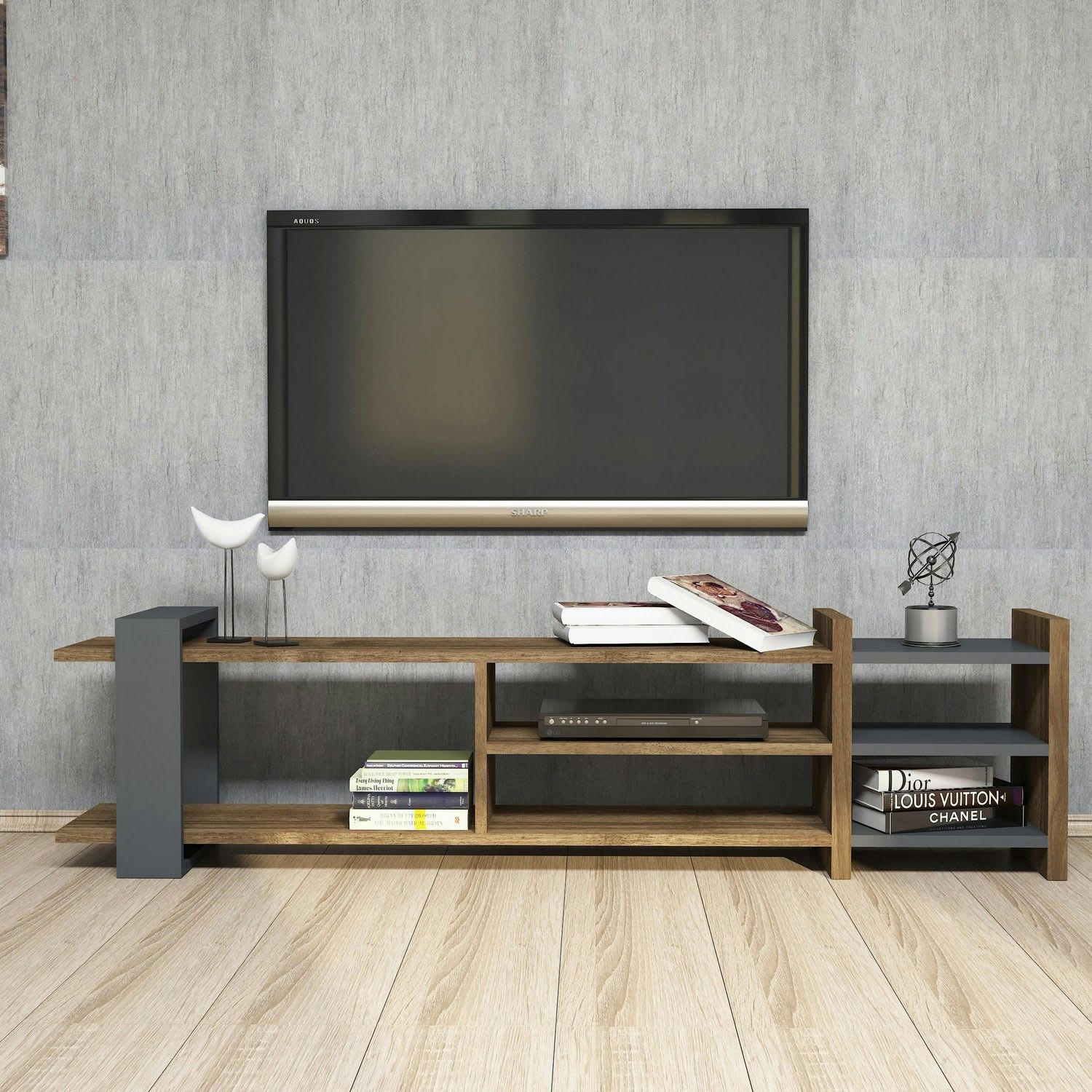 ZEYNA - Meuble TV design L. 156 x H. 40 cm gris anthracite