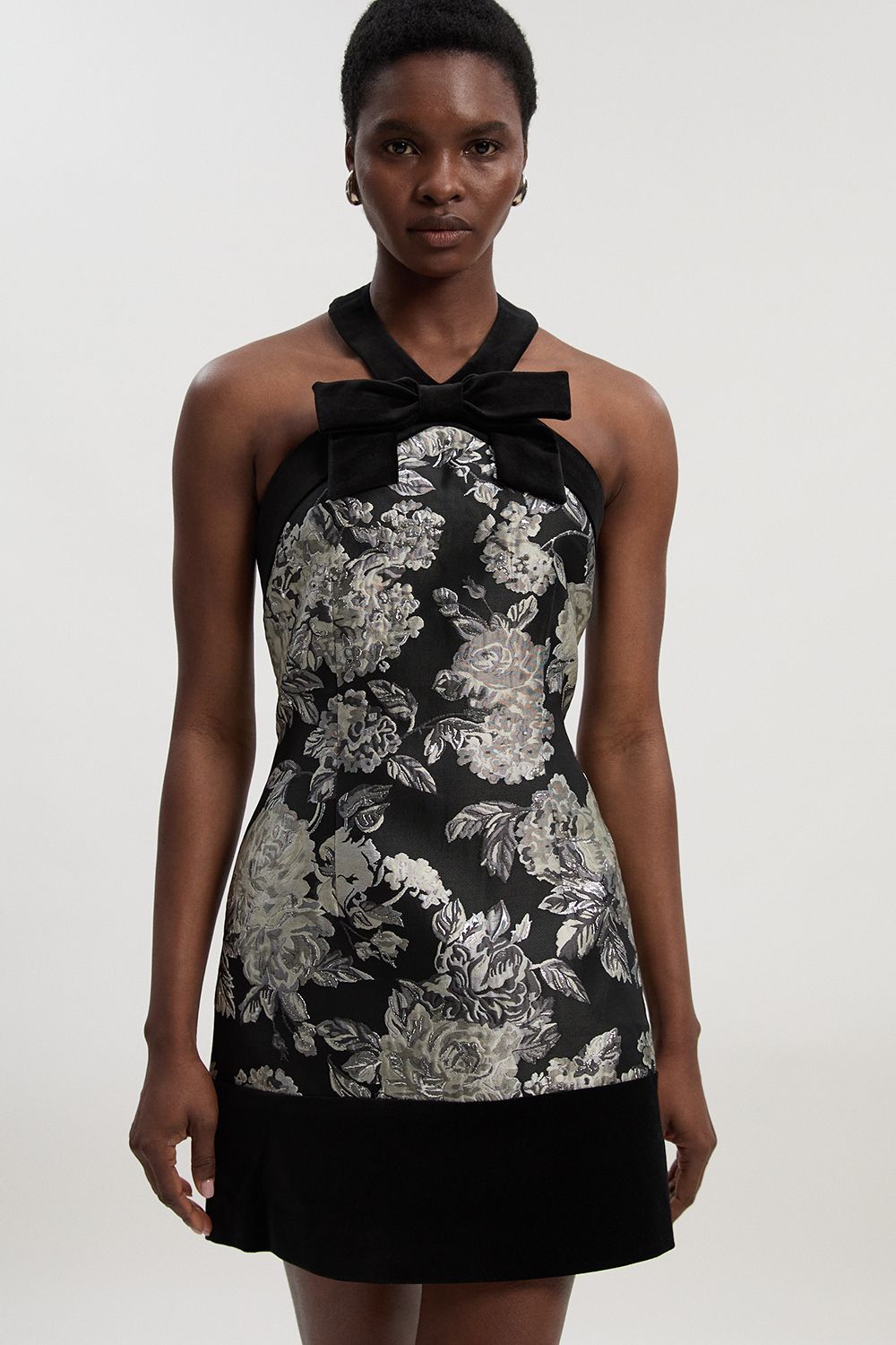 KarenMillen Petite Velvet And Jacquard Contrast Halterneck Tailored Mini Dress