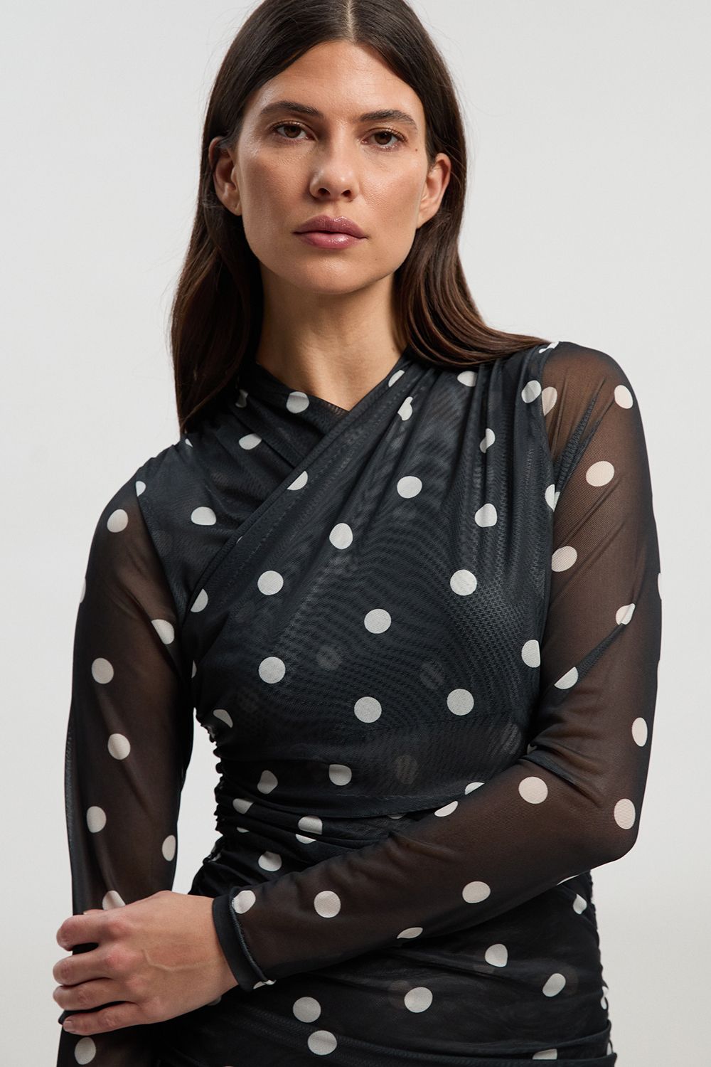 KarenMillen Polka Dot Mesh Ruched Long Sleeve Mini Dress