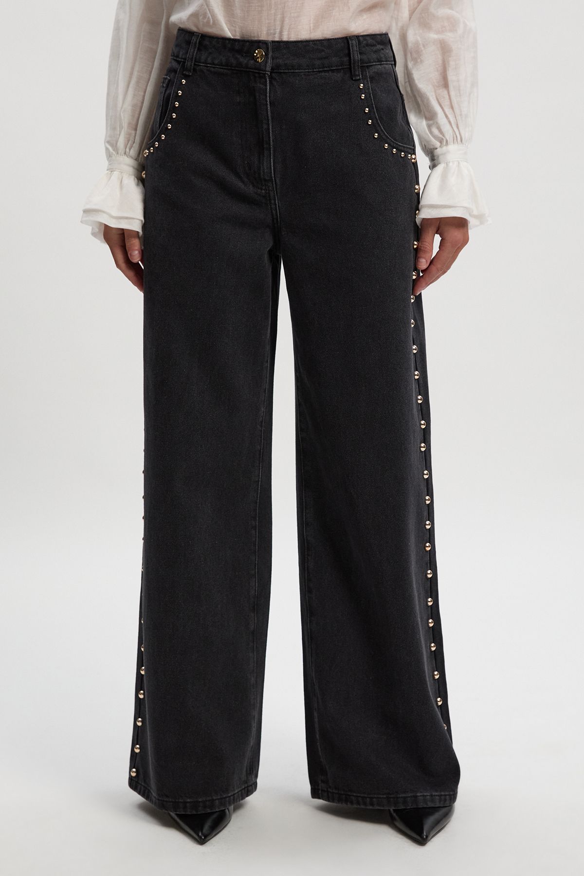 KarenMillen Denim Studded Wide Leg Trouser