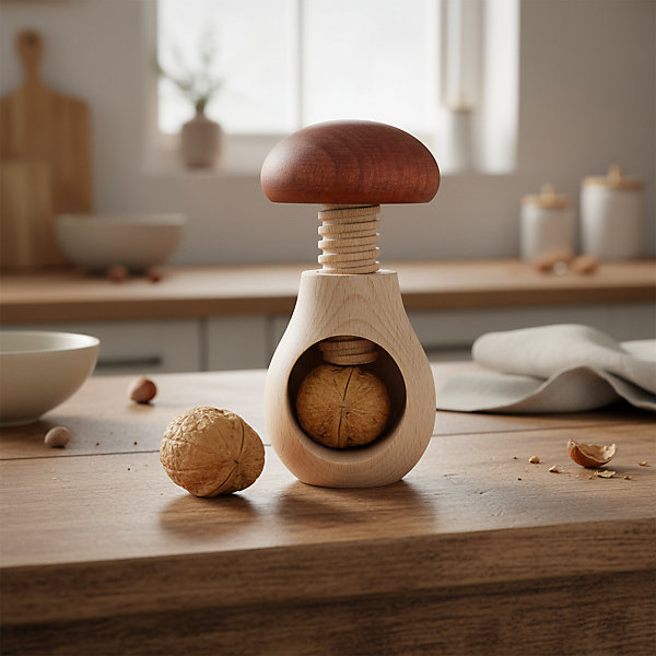 Creative Home Casse Noix Casse-Noisette en Bois - 10 x 6 cm - Forme de Champignon - avec Mécanisme à Vis - Solide et Durable