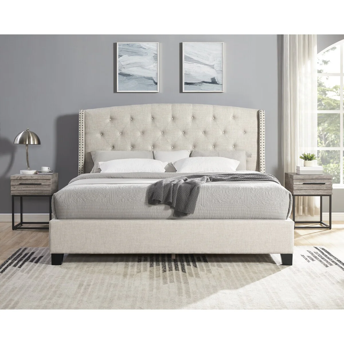 3-Piece Upholstered Bedroom Set, Tufted Wingback Bed with Two Nightstands