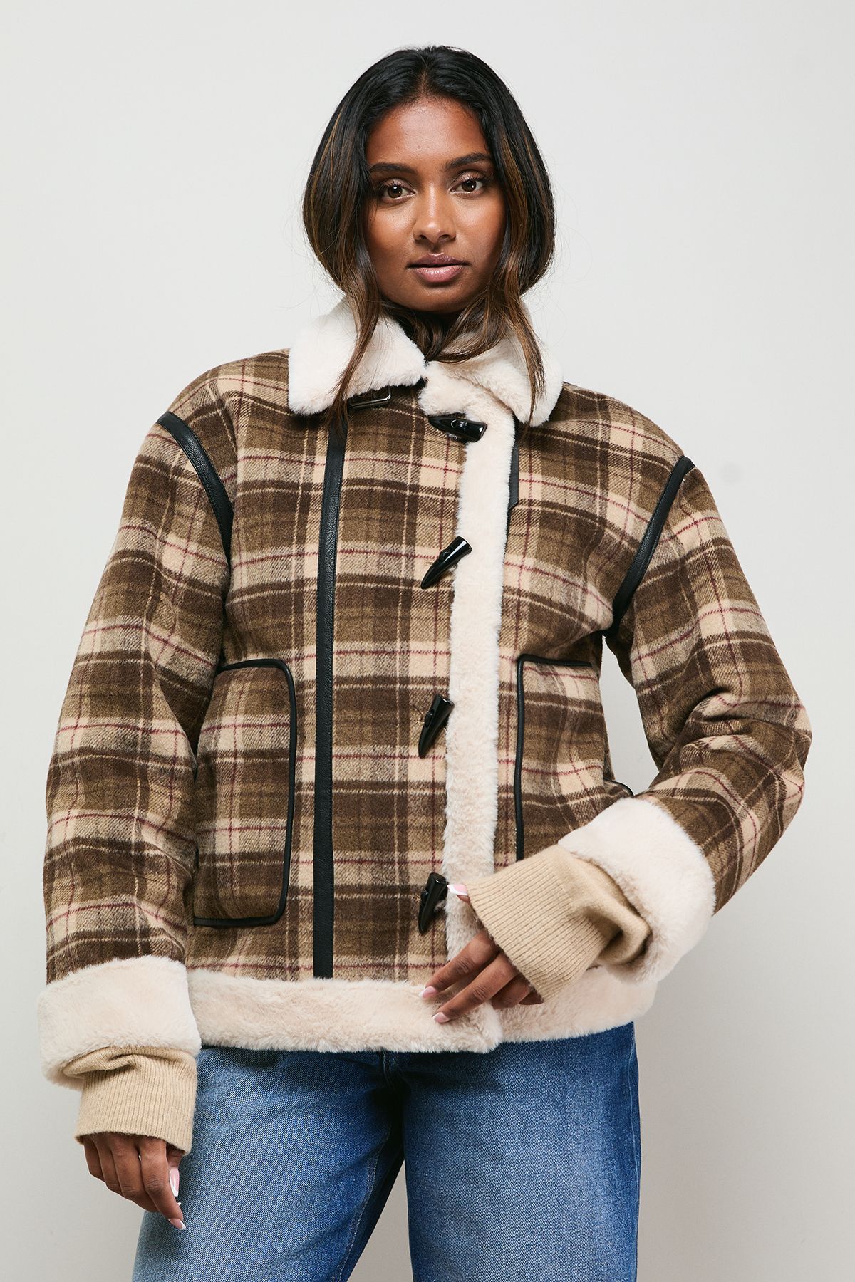 Oasis Shearling Trim Check Coat
