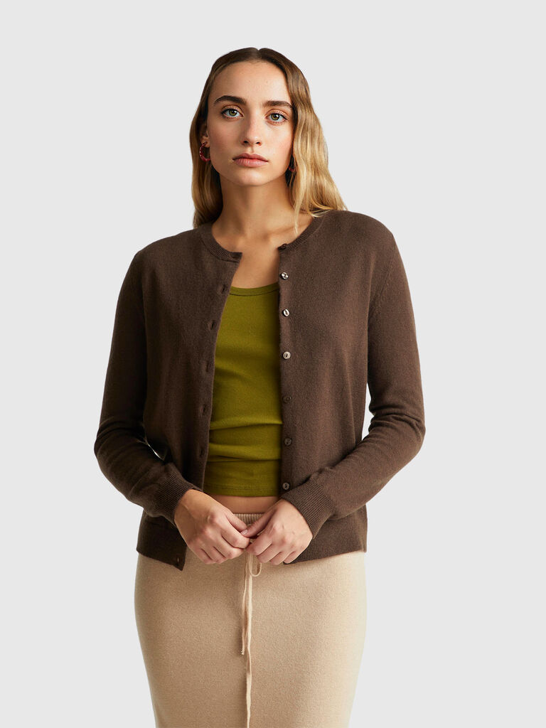 Brown crew neck cardigan in pure Merino wool