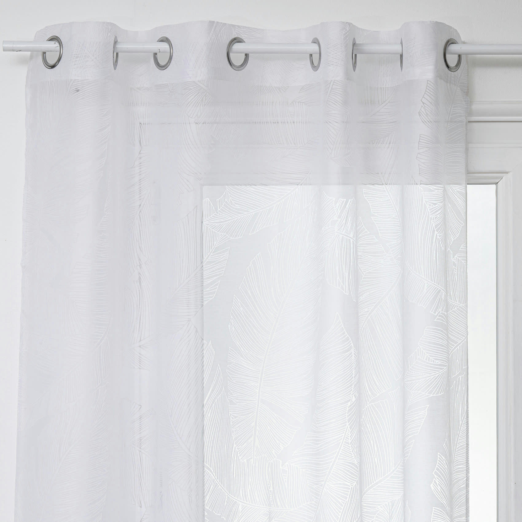 - Voilage tamisant imprimé feuilles polyester blanc 140x240 cm