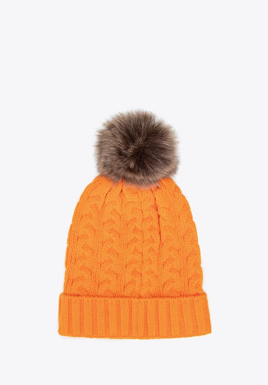 Czapka damska z warkoczowym splotem i pomponem pomarańczowa