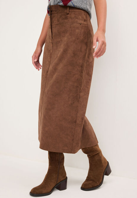 Womens Brown Faux Suede Midi Skirt