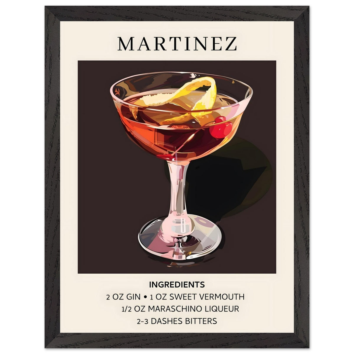 Artfulprints Poster met Lijst Martinez cocktail - Ingrediënten  - 30x40 cm - Zwart