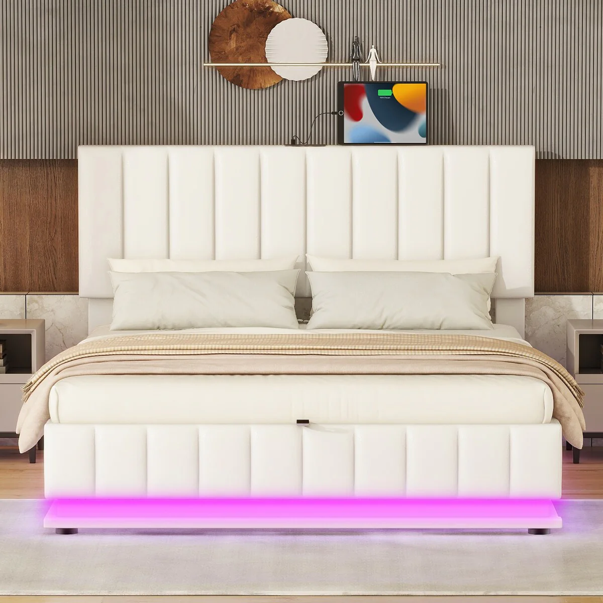 Roomfitters Queen Size Upholstered Bed with Hydraulic Storage System and LED Light, Modern Platform Bed