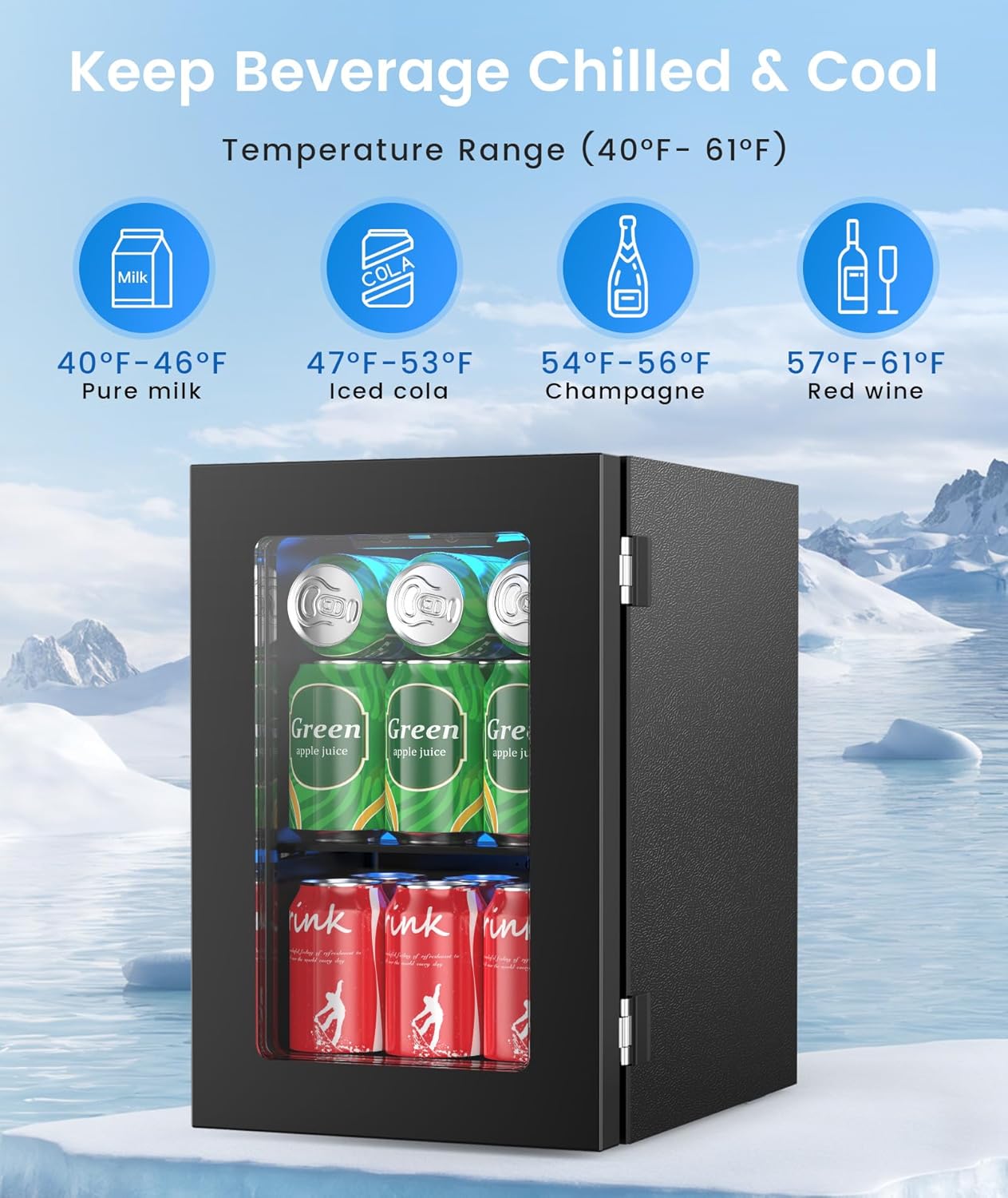 Kismile 18L Beverage Refrigerator Cooler, 24Can Mini Fridge with Glass Door, Quiet Compressor, Countertop Small Fridge with 40-61℉ Digital Electronic Temperature Control, LED Lgiht for Home and Bar