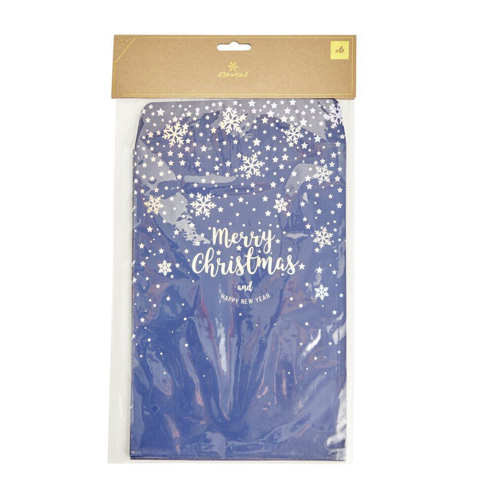 Pochette cadeau No&euml;l x6 Merry Christmas and Happy New Year bleu étoilé 20x28cm