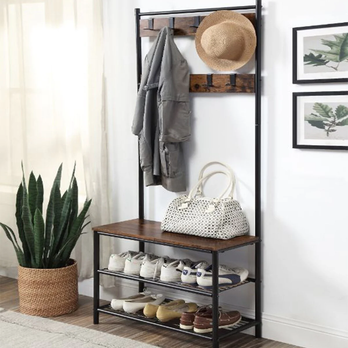 Wood Hall Tree with 9 Metal Hooks