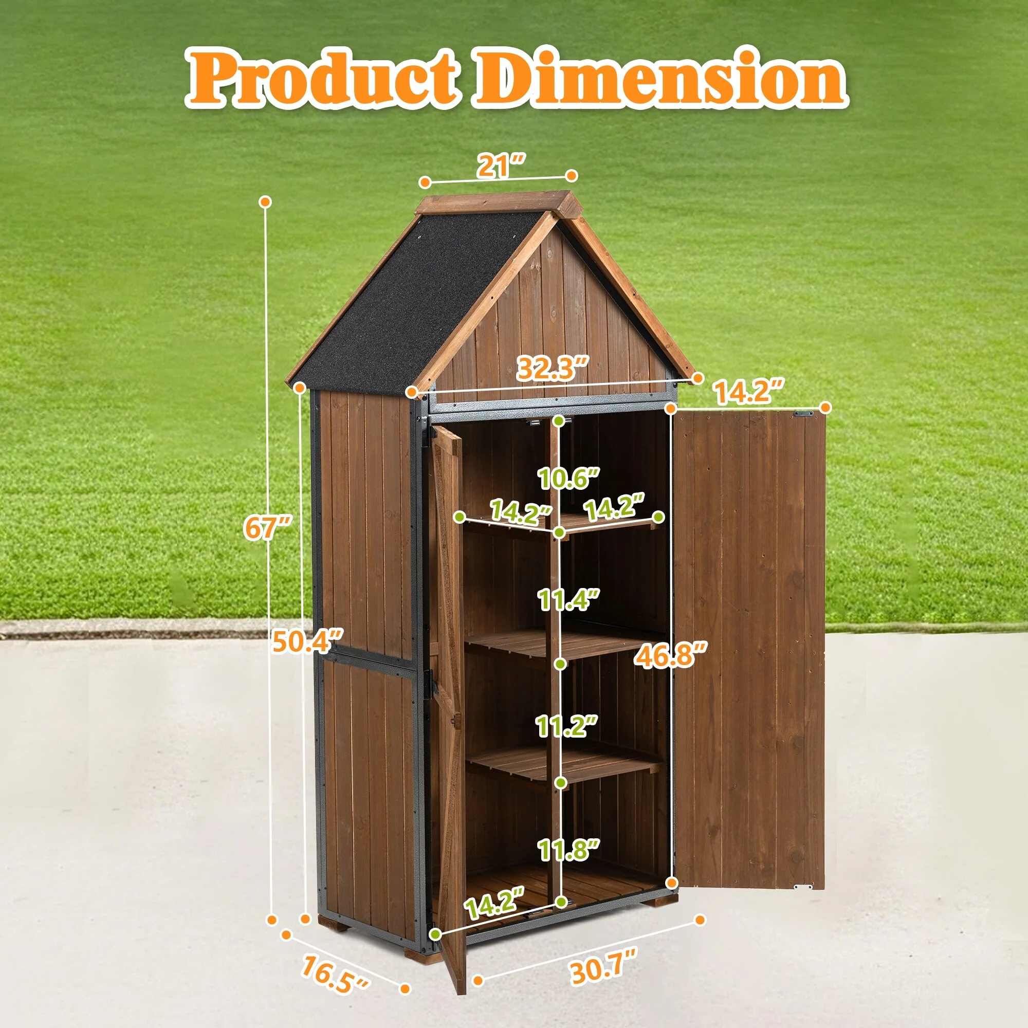Outdoor Storage Cabinet 32.3L X 21W X 67H, Garden Shed Tool Shed with Metal Frame Structure for Backyard Garden Patio Lawn