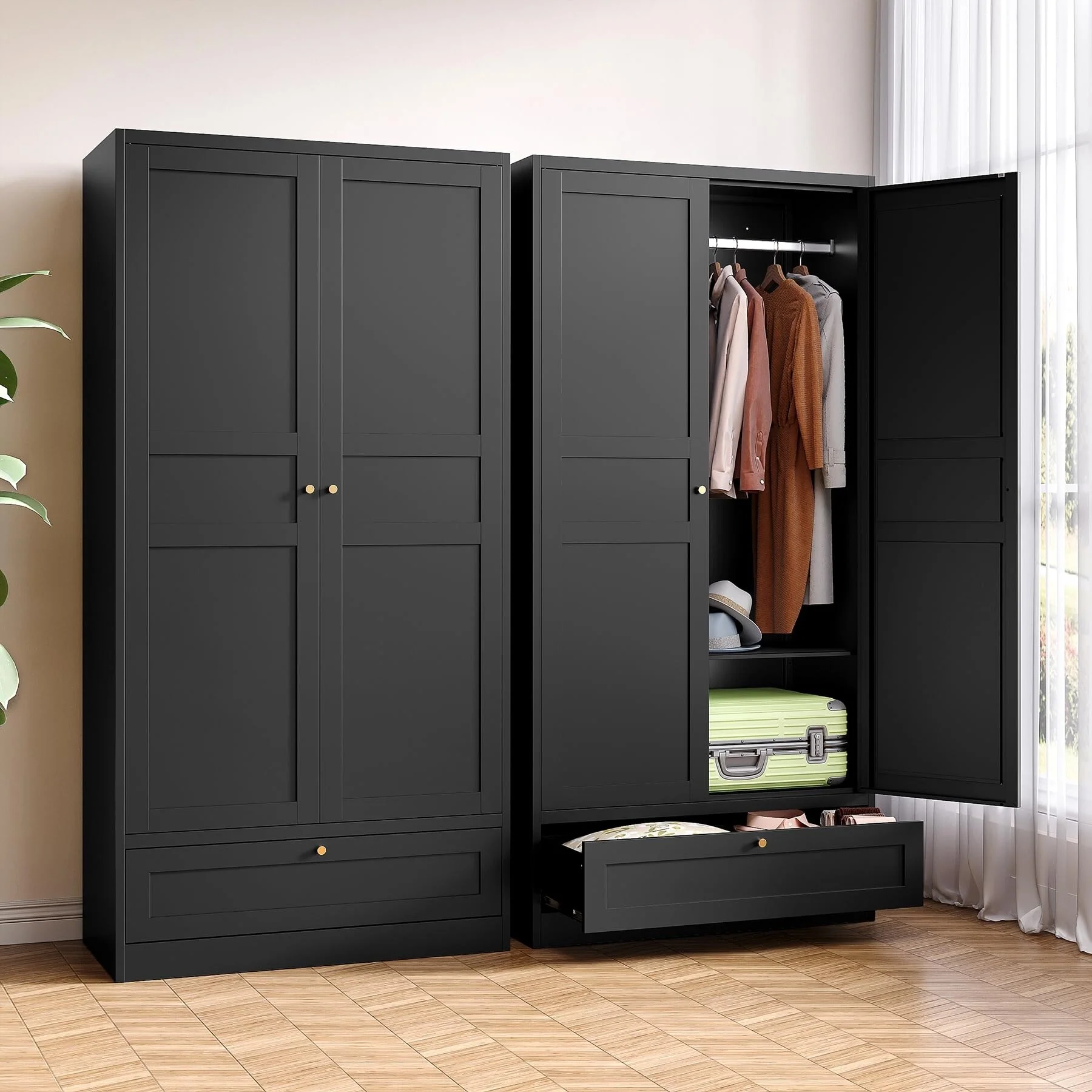 72 Metal Armoire Wardrobe - 2-Door Closet Cabinet with Hanging Rail, Drawers & Adjustable Shelves for Bedroom Storage