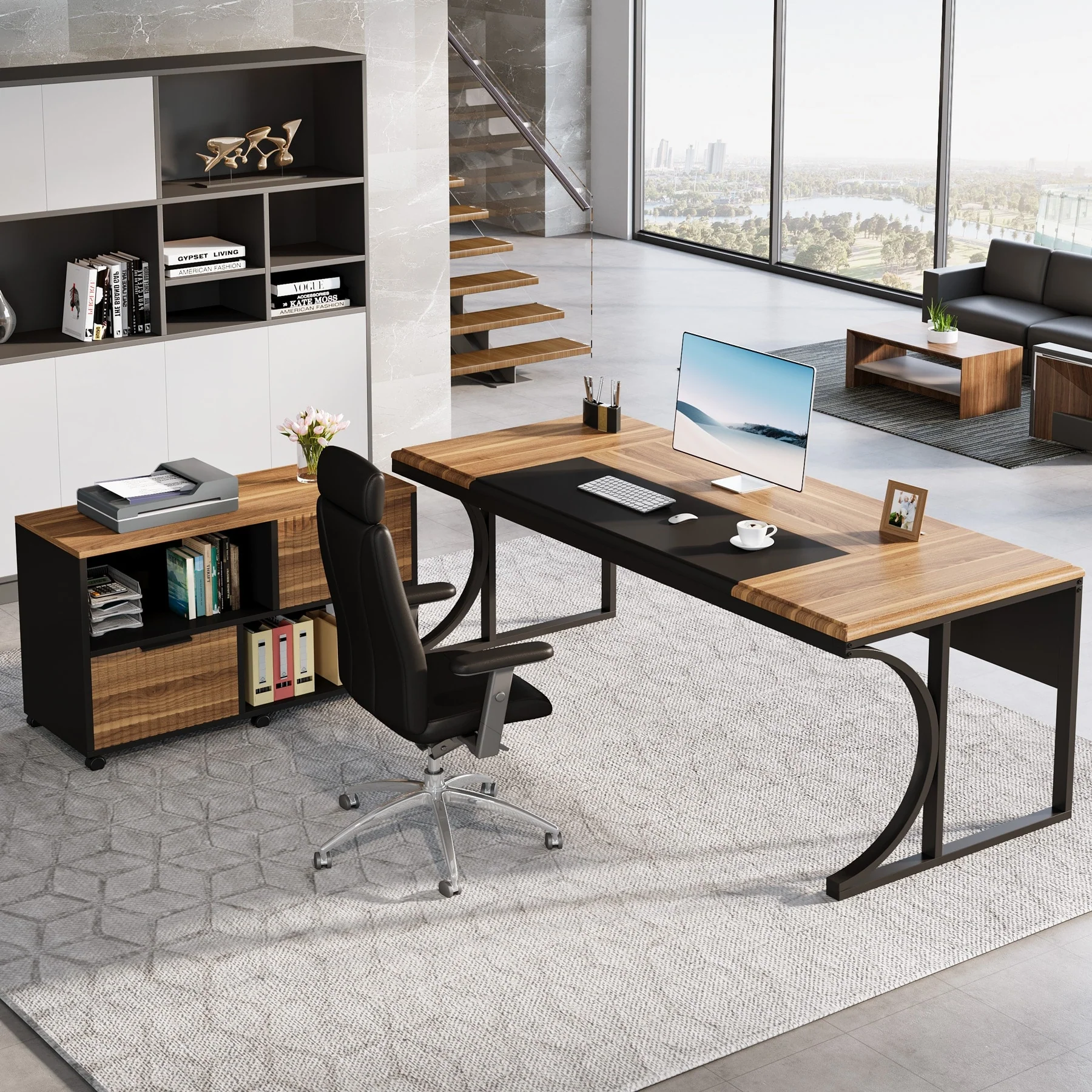 63-inch L-shaped Executive Computer Desk with File Cabinet Set for Home Office