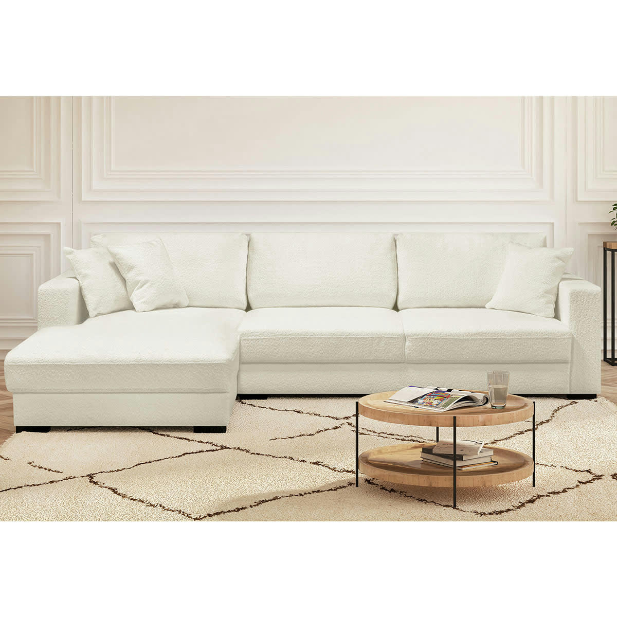 ROBIN - Canapé d'angle à gauche convertible 5 places en tissu bouclette écru