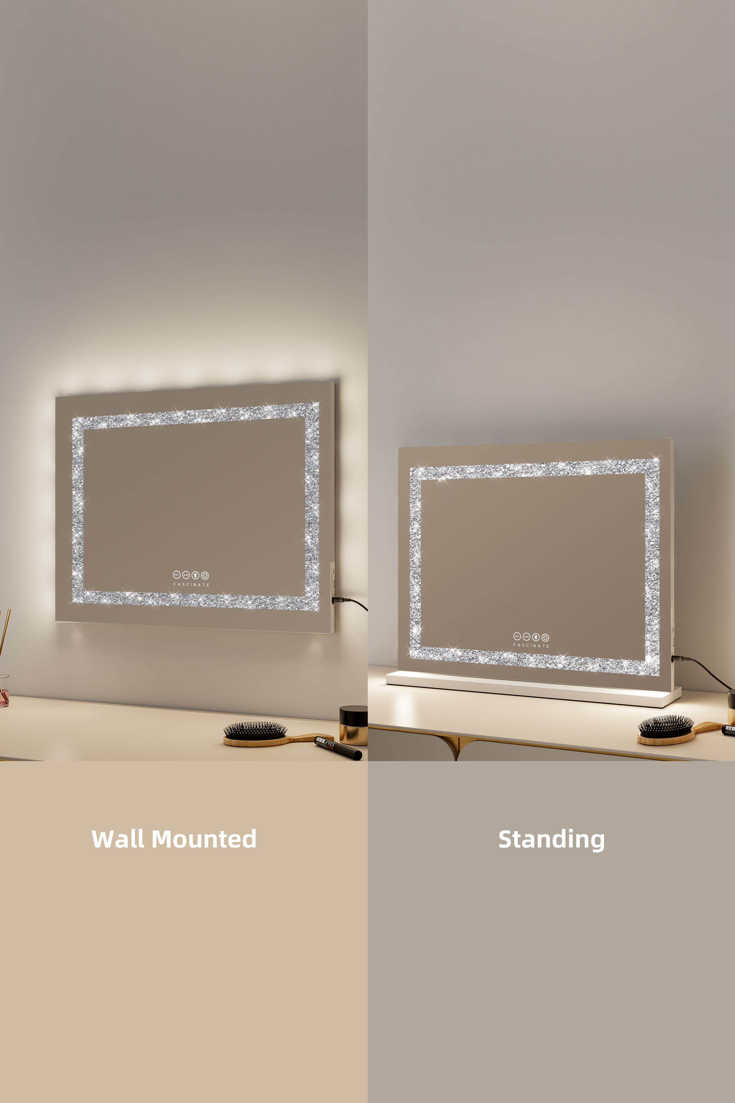Fascinate Crushed Diamond Hollywood Mirror – 58x48cm, Bluetooth & Speaker Phone, 15 LED