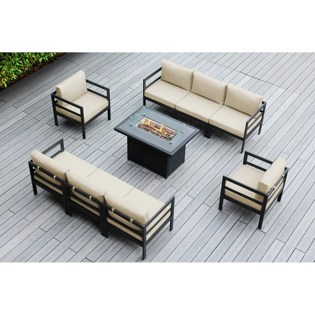 Ohana Outdoor 9-pc. Cushioned Aluminum Sectional with 42 Fire Table
