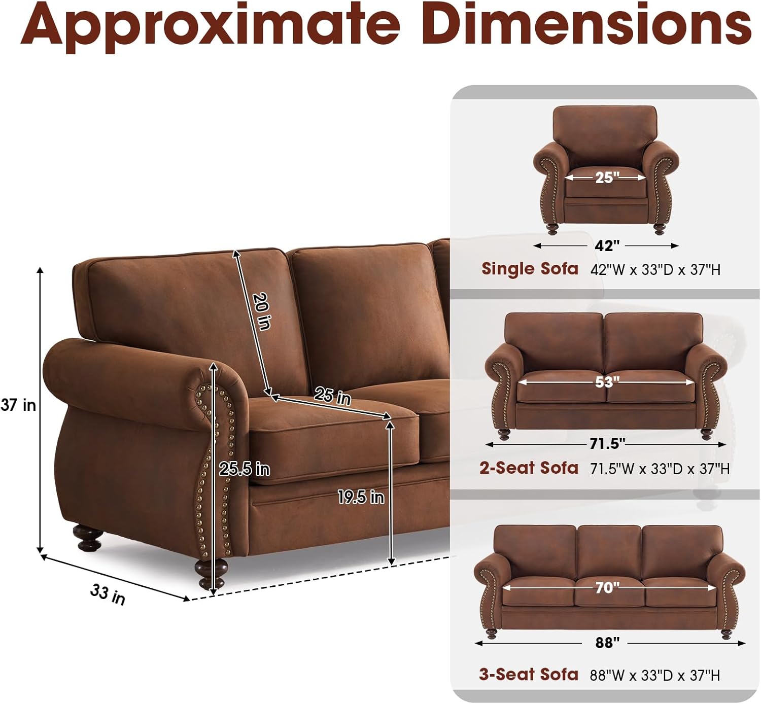 Mid-Century Vintage Sofa Couches with Rivet Design,3-Seater Sofa,Removable Sofa Cover Upholstered Cushions and Solid Wood Frame (Caramel, 3-Seater)