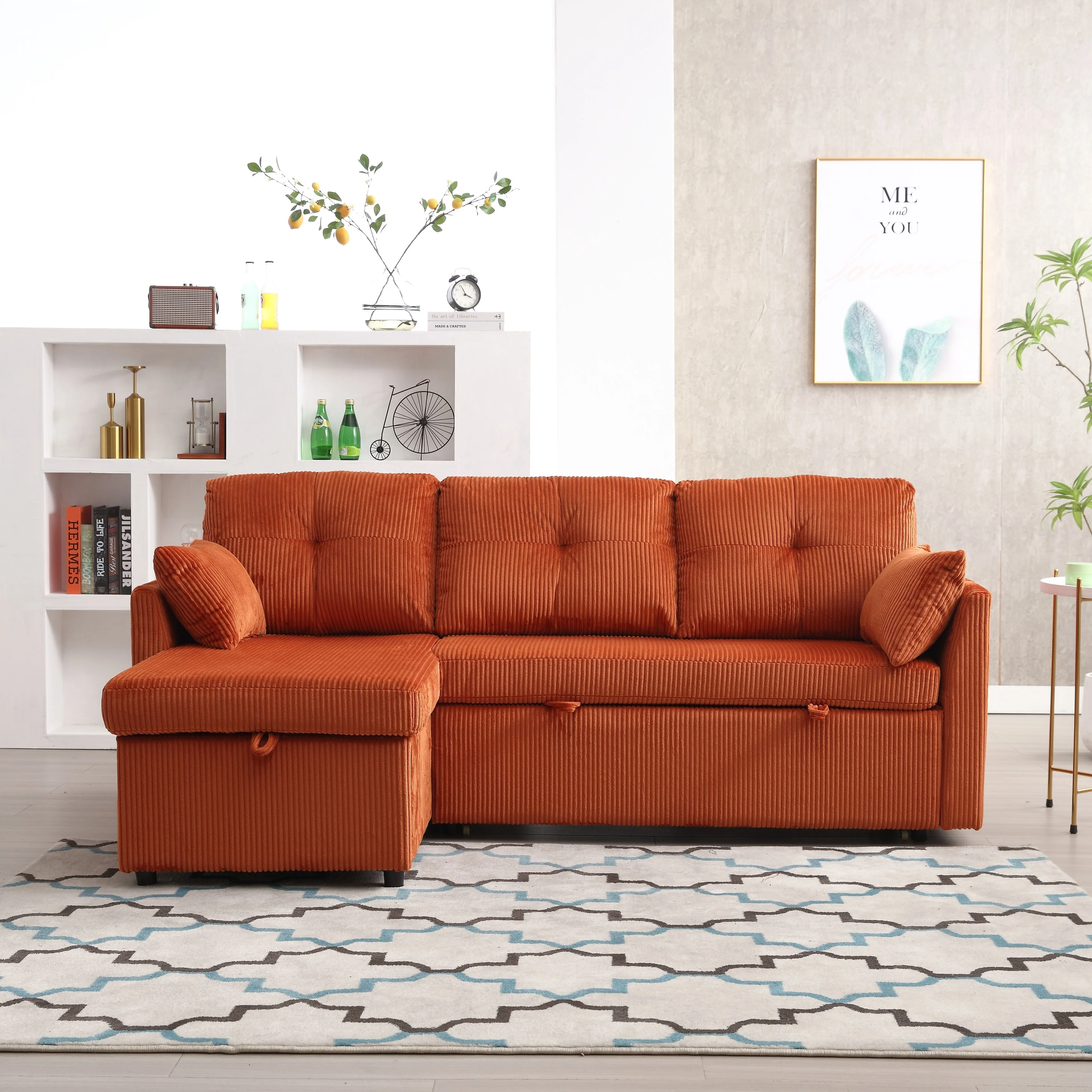 Orange 81.1'' L-Shaped Fabric Sofa with Reversible Chaise, Storage, Solid Wood Frame, and Foam Seating