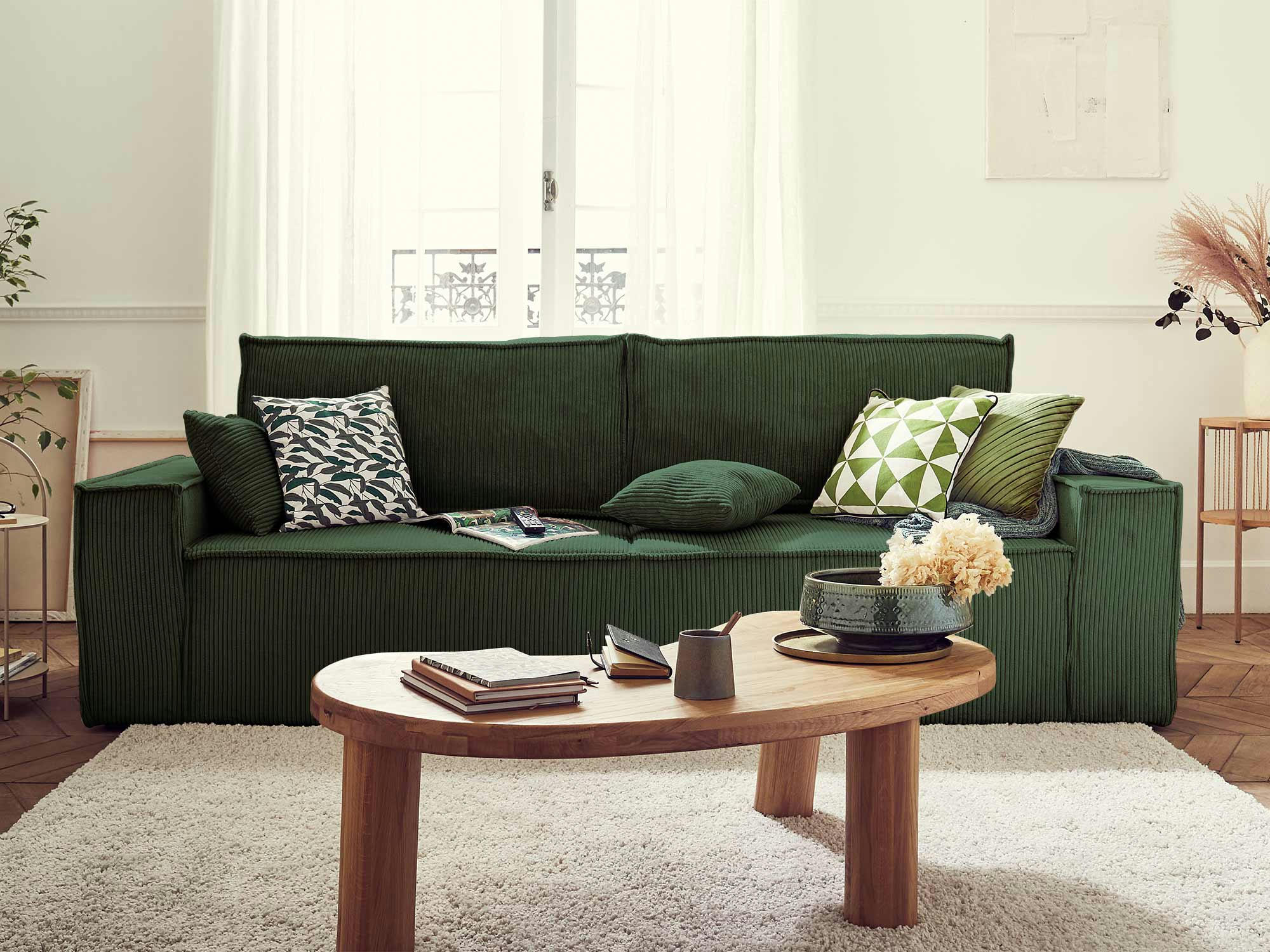 DELLIA - Canapé droit convertible 3 places en velours côtelé vert