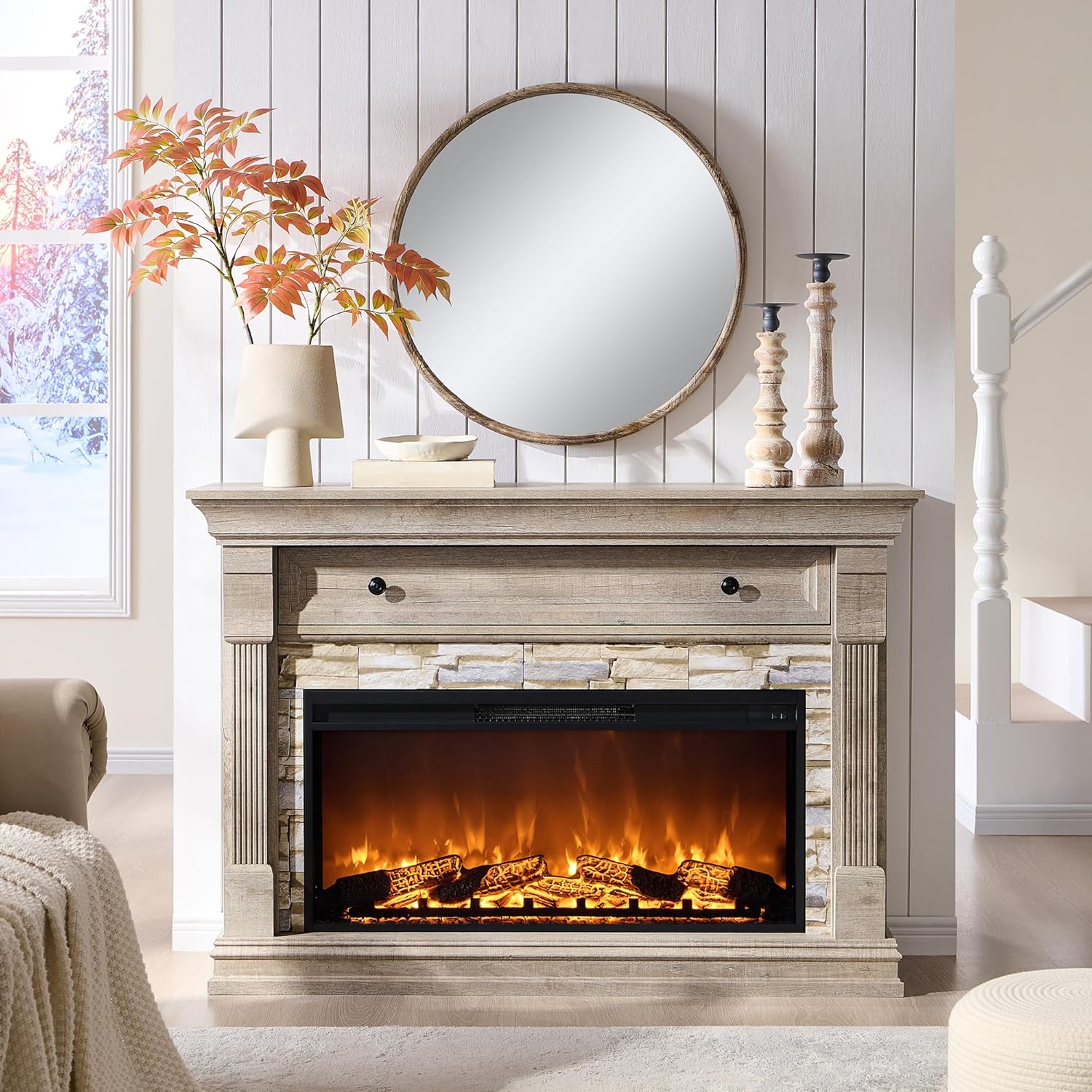 OKD 52 Farmhouse Electric Fireplace TV Stand with Mantel & Cabinet, 36 Freestanding Electric Fireplace Heater with Remote Control, Adjustable 3D Flame Effect, Light Rustic Oak
