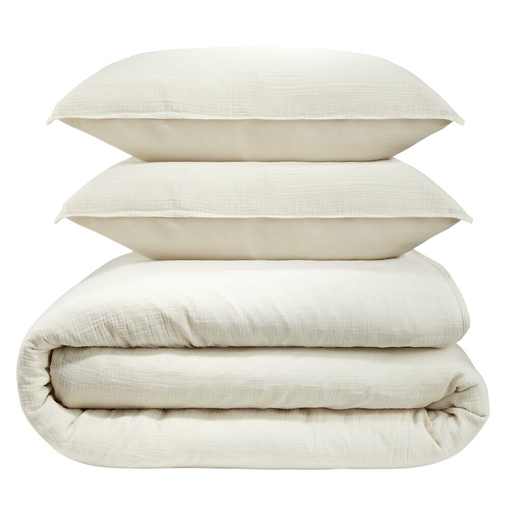 Parure de lit 1 personne 140x200cm gaze de coton beige 3 pièces