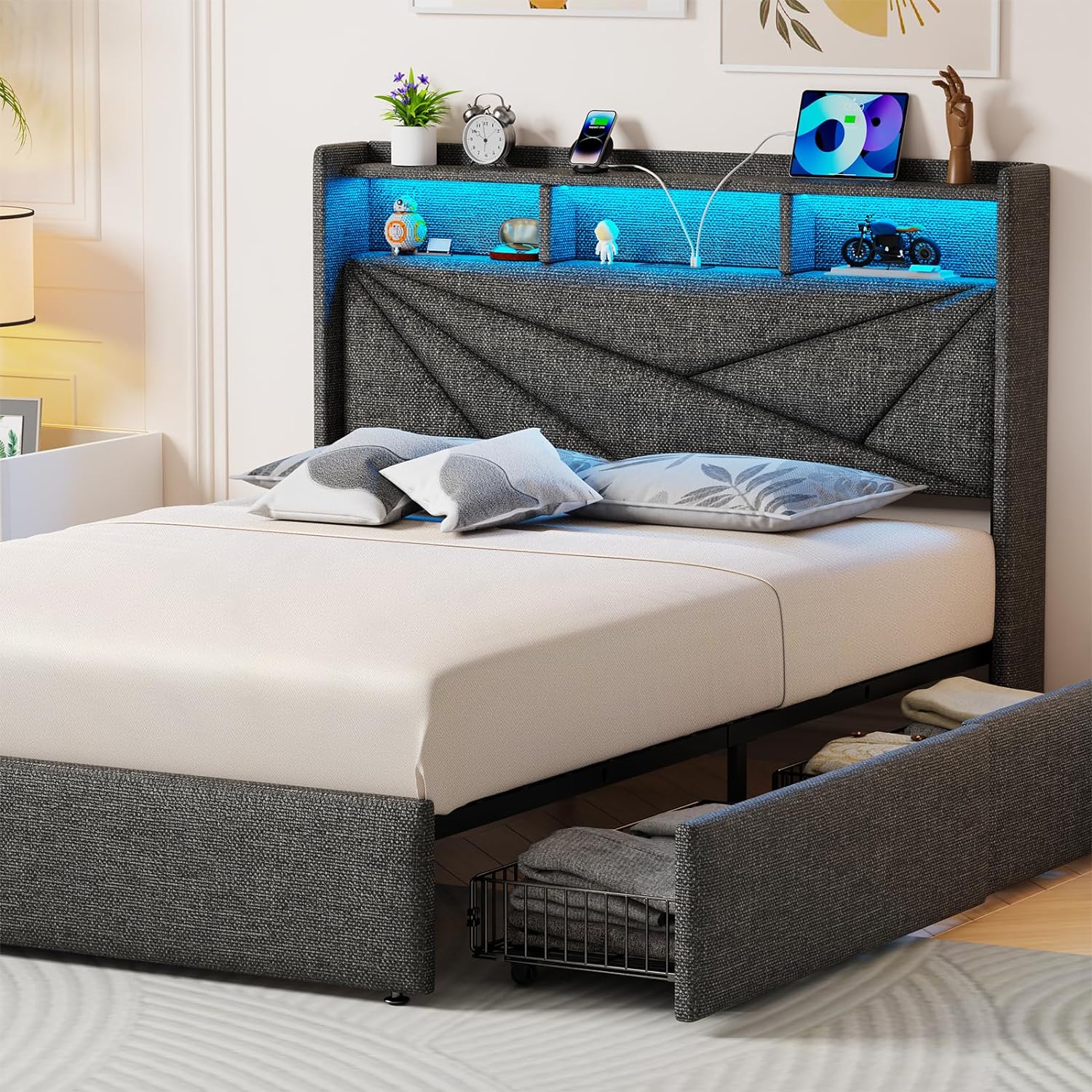 Queen Bed Frame with 4 Storage Drawers, Upholstered Bed Frame Queen Size with LED Lights Headboard and Charging Station, No Box Spring Needed, Easy Assembly - Dark Grey