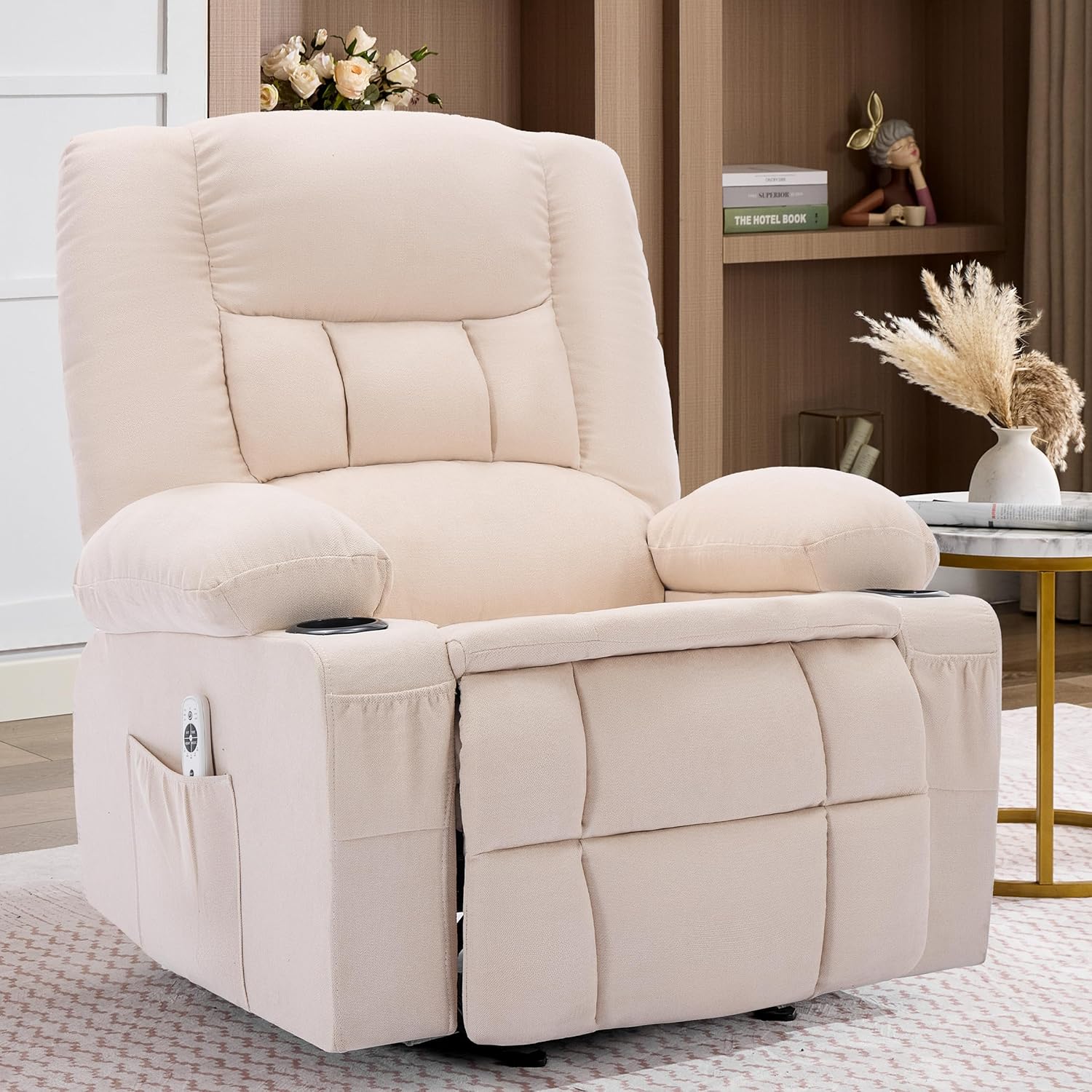 Rocker Recliner Chair with Massage and Heat, Nursery Rocking Chairs for Living Room, Ergonomic Comfy Relining Chair with Cup Holders, USB Charge Port, Side Pockets, Recliner Chair for Adults, Beige