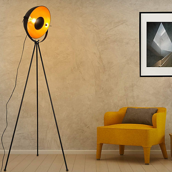 Lampe sur pied vintage avec trépied Bremen  Style industriel nordique avec abat-jour métallique doré et noir