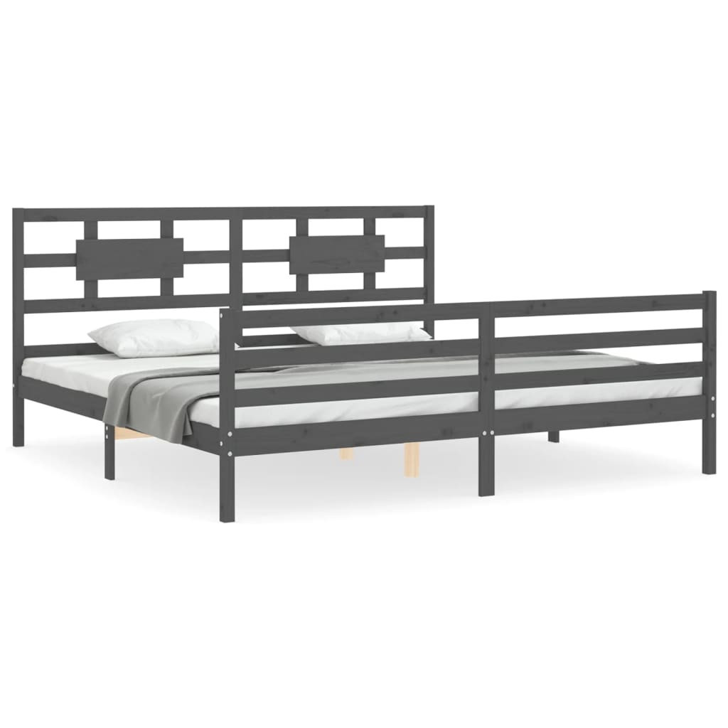 Rama łóżka z wezgłowiem szara 200x200 cm lite drewno