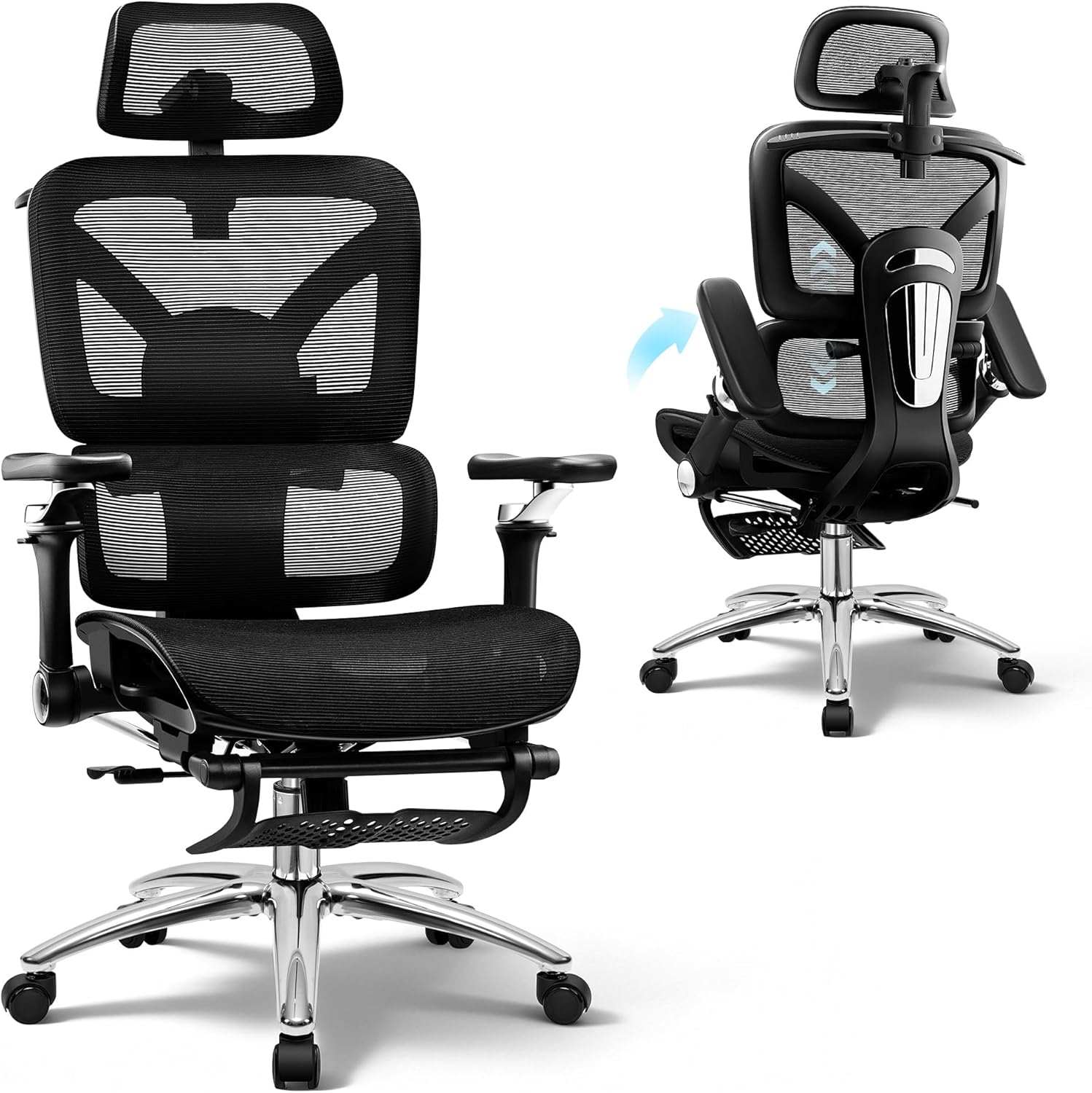 Ergonomic Office Chair with Footrest, Big and Tall Home Desk Chair, High Back Rolling Computer Chair with 5D Flip-Up Arms and Lumbar Support, Comfy Gaming Chair, Swivel Mesh Chairs, Black