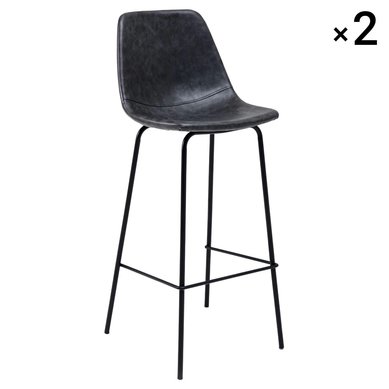 LUCIEN - Lot de 2 tabourets de bar vintage 75cm en simili cuir gris