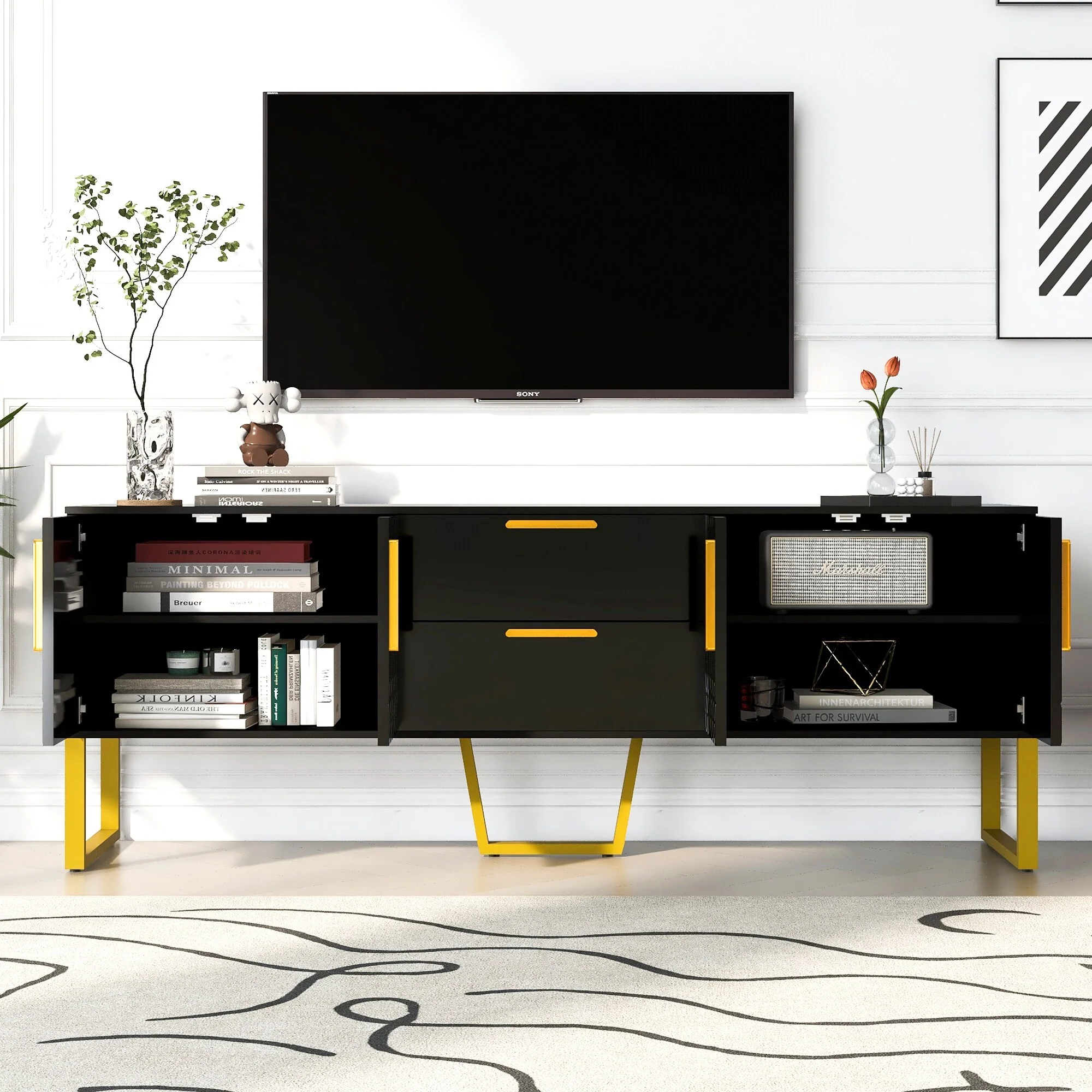 66 TV Stand with Metal Legs, Drawers & Cabinets for TVs Up to 75