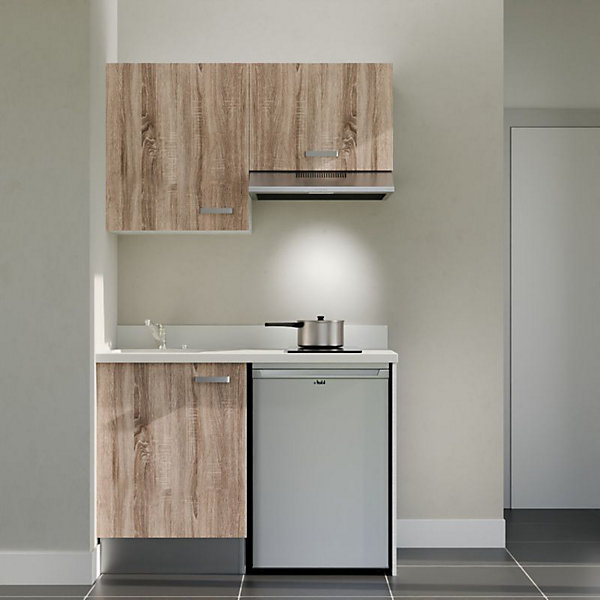 Kitchenette K01 - 120 cm - façades Bois - Plan monobloc en quartz coloris Snova évier à gauche - Electroménager Inox
