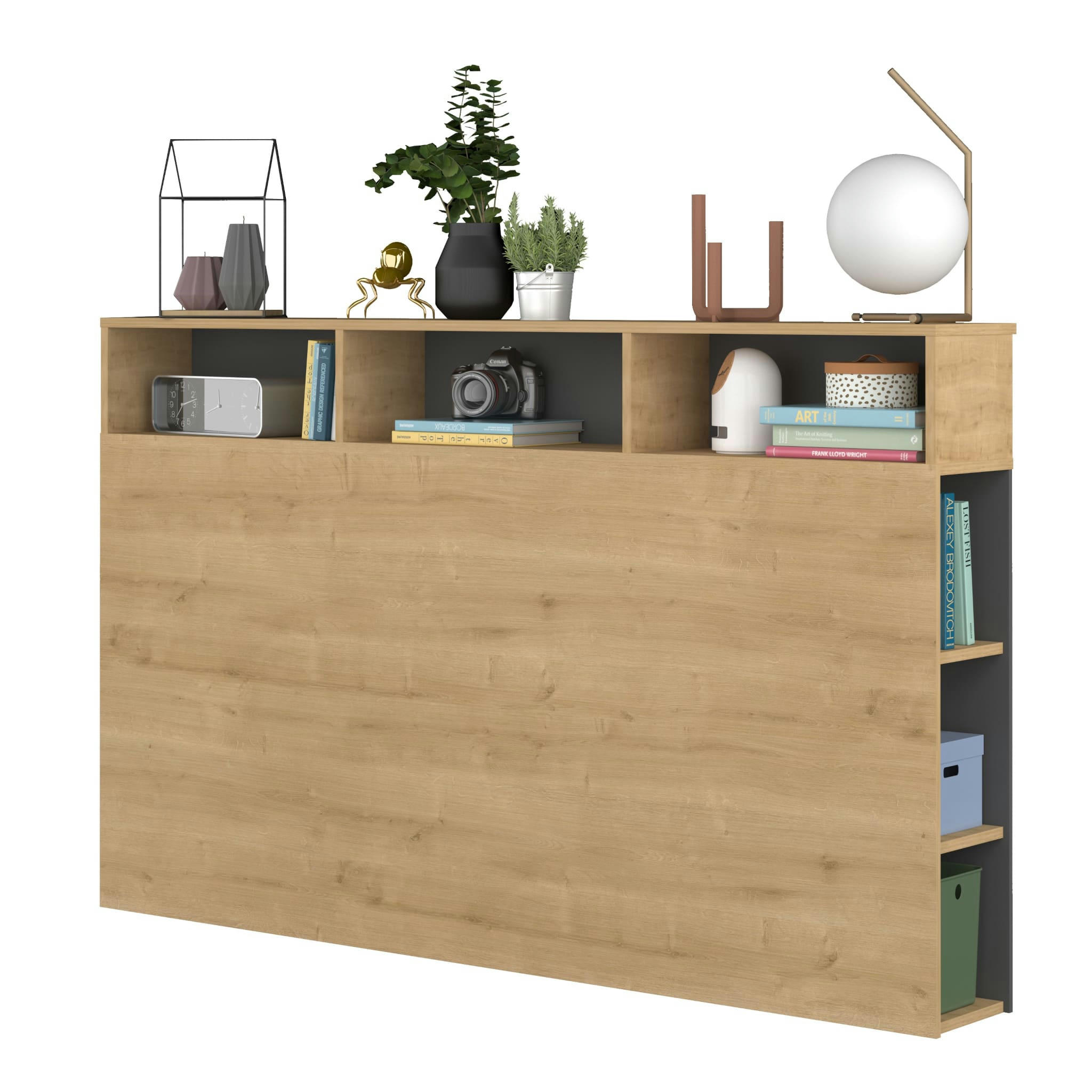 - Tête de lit avec niches de rangement en bois clair et gris