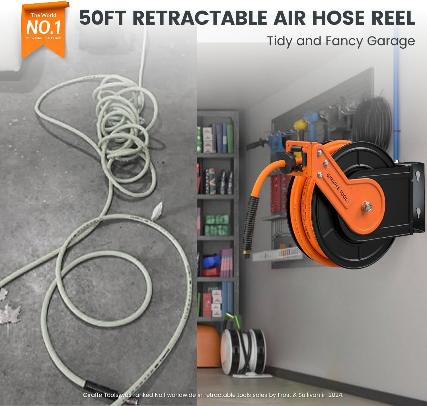 Giraffe Tools Retractable Air Hose Reel, 3/8 Hybrid Hose, Air Compressor Heavy Duty Steel Reel Auto Rewind 300PSI, Wall Mount with Swivel Bracket, 50ft