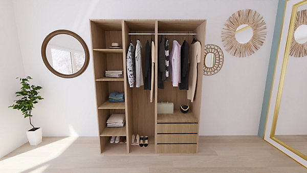 Dressing effet chêne double penderie 3 tiroirs GoodHome Atomia H. 225 x L. 175 x P. 58 cm