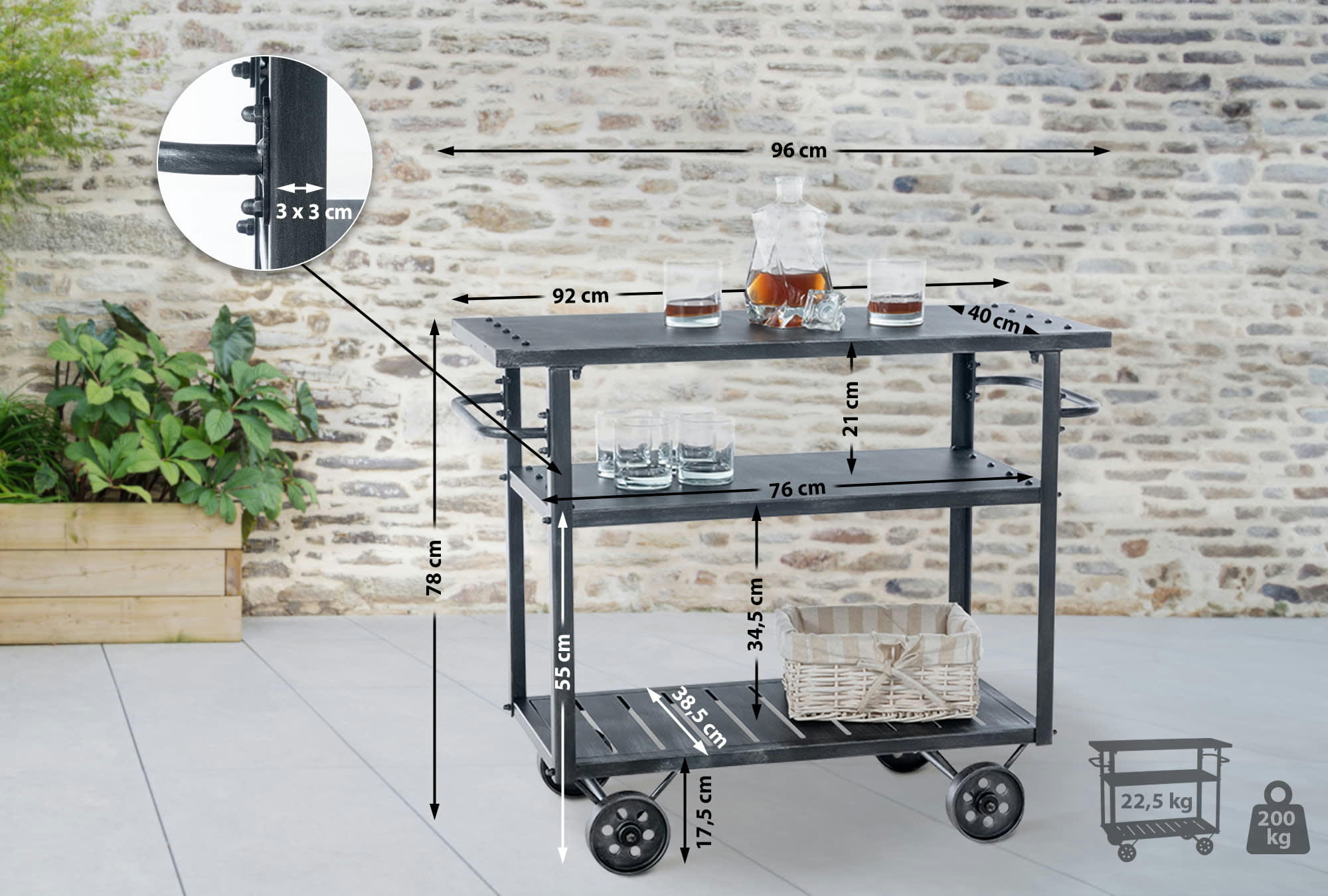 SPRING - Chariot de service industriel avec roulettes en métal Argent antique