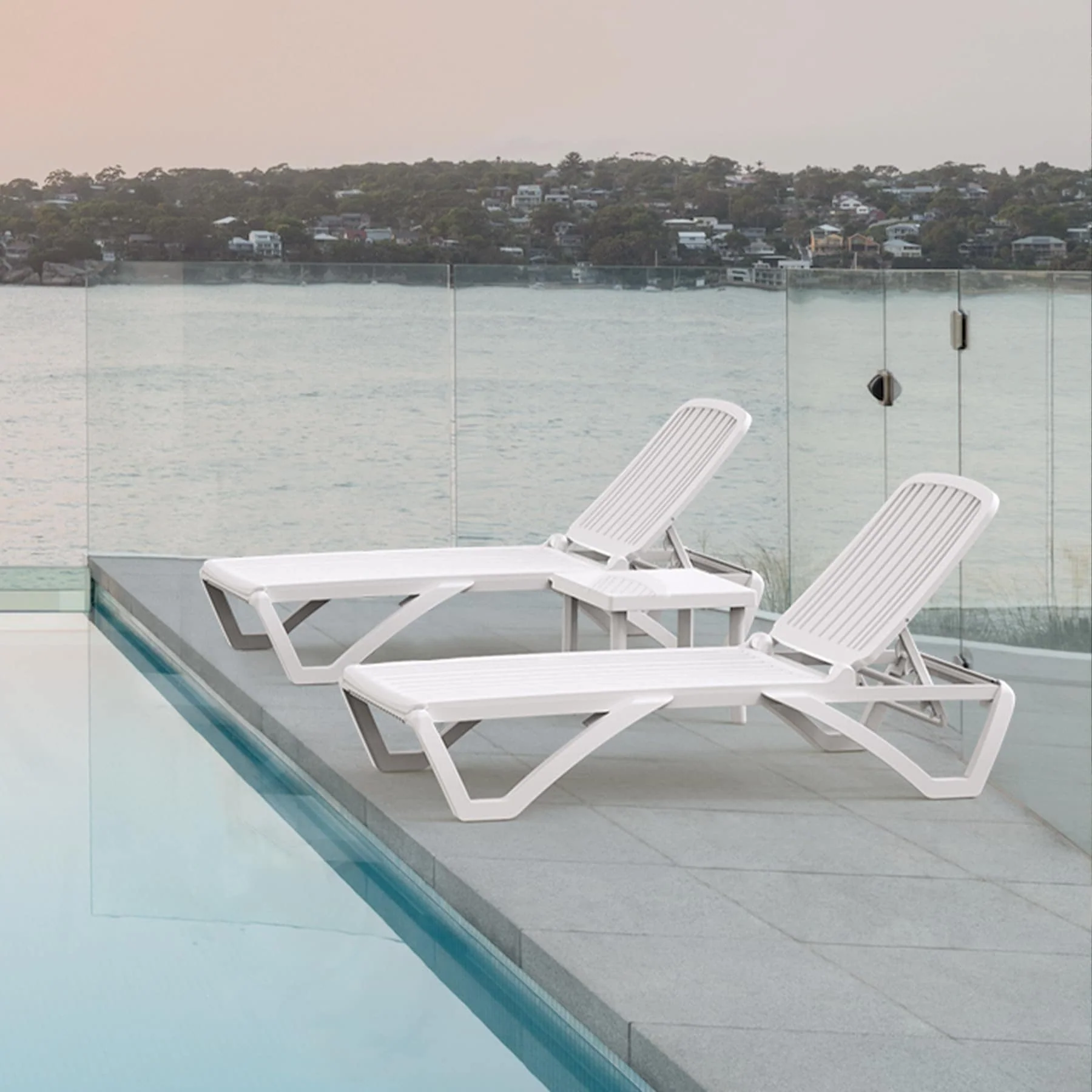 Domi White Aluminum Adjustable Pool Lounge Chair with Table, All-Weather Outdoor Chaise