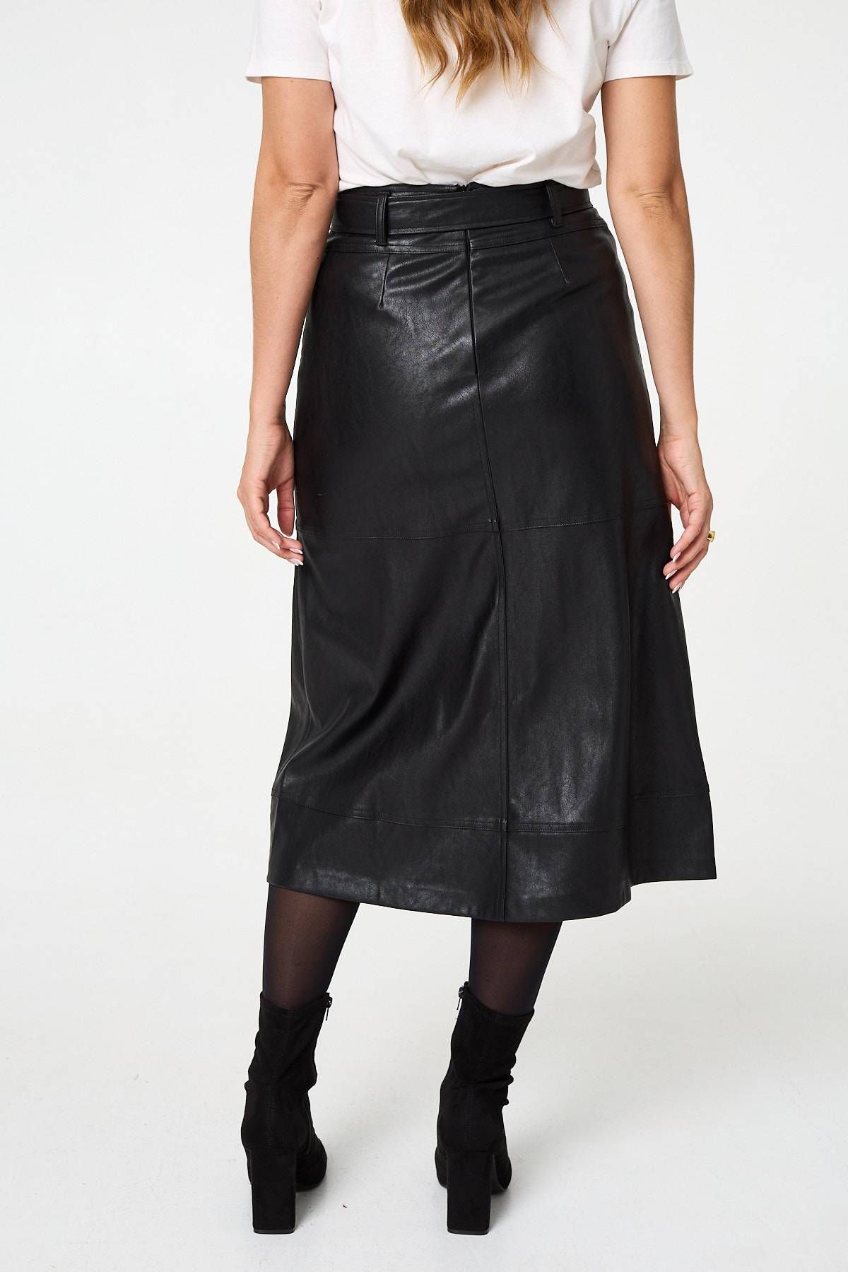 Izabel London Faux Leather Tie Waist A-Line Midi Skirt
