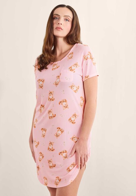 Womens Pink Cat Print Soft Touch Nightdress