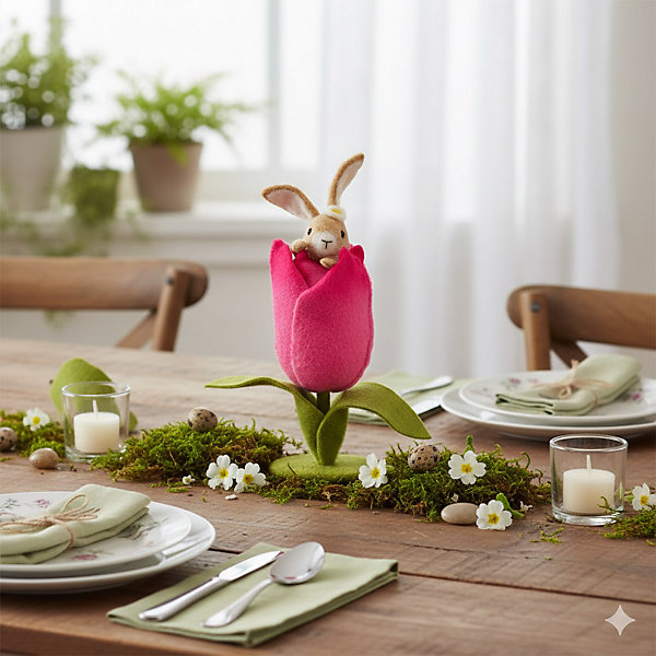 Décoration un lapin en feutre dans une fleur de jardin
